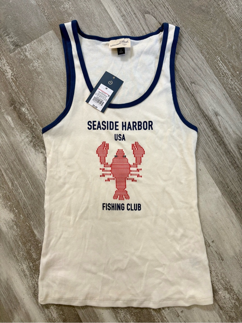 NEW with tags!Universal Thread White Tank with Navy Trim and Red Lobster Graphic